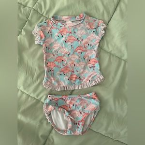 Ruffle Butts Flamingo girls toddler rashguard bathing swim suit  2T